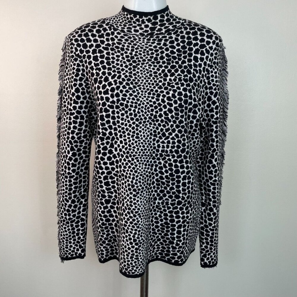 INC‎ International Sweater Medium Black White Spotted Fringe Mock Neck Pullover